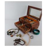 Wood jewelry box with costume jewelry