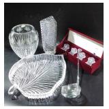Five Crystal serving and decor pieces, two vases,