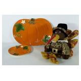 Holiday decor, stuffed turkey, two pumpkin trays