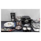 Silverplate, aluminum and chrome serving pieces,