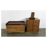 Chest of drawers, rattan trunk and jewelry tray