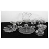 Clear glass group, banana stand, etched ball