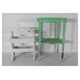 Painted wooden shelf and magazine rack, both have