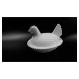 Milk glass hen on nest, 7"