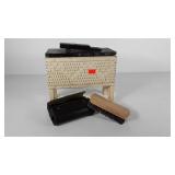 Woven shoe shine stand with brush, wear as shown
