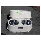 Two Pet Food Stations one with 2 stainless bowls