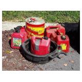 5 various Gasoline Containers and oil drain pan,