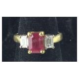 18k yellow gold, diamond, and ruby red stone ring