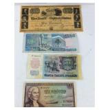 Three foreign bills and a replica bank note