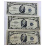 Three $10 silver certificates, 1953A