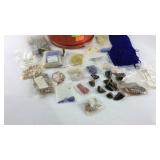 Tin with crafting supplies beads, feathers, etc