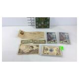 Foreign coins and paper money plus a Christmas