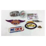 Patches, racing pins, badge, and belt buckle