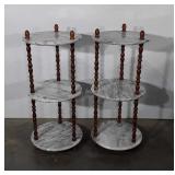 Two three tier marble and wooden shelves, 32"