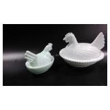 Two Hen on a Nest Milk Glass dishes