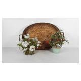 Glass jade trees and woven brass trimmed tray