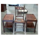 Two end tables and a caned seat chair, damaged as