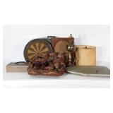 Mixed group, includes Lamp, vintage stools,