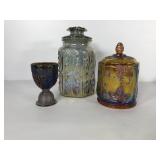Carnival glass, candy dish,  canister and stemmed