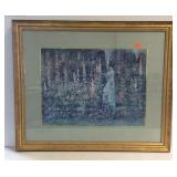 Framed and matted wall picture of lady artist