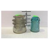 Two Glass Electric Insulators. Small blue glass,