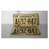 Matched pair of 1971 VIRGINIA license plates,