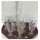Decanter and 9 Pedestal Goblets Lot. Non matched