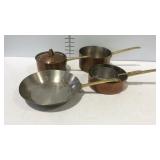 Copper cookware with brass handles - 1 skillet, &