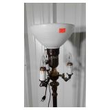 Brass Floor Lamp, has center milk glass shade