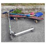 Kids lot, includes scooter, skateboard, shovel