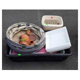 Outdoor lot, pop up trashcan, poly planter, poly