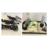 Perfume, curling irons, facial wipes, shimmer