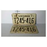 Matched pair of 1971 VIRGINIA license plates,
