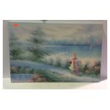 Oil on canvas lady overlooking lake