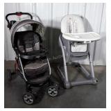 Baby Stroller and High Chair with Food tray. Used