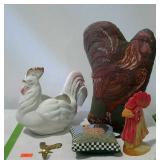 Rooster lot. Doorstop, planter, pillow, etc.