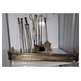 Brass Fireplace fender and Tool Set. 8 tools