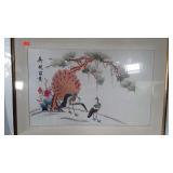 Framed Wall Art. Asian Themed Peacock on fabric