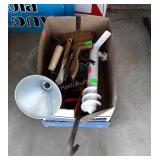 Box Lot with misc tools, crowbar, paint brush,