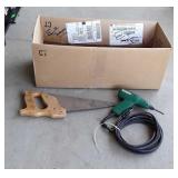 Box Lot of misc tools, hand saw, clamp, Cooper