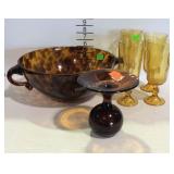 Glass- set of 4 amber footed tumblers, and leopard