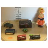 Collectibles - advertisement tins, Lesney bus, and