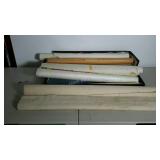 Box of wall paper samples and rolls, plus two