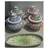 Painted pottery- 16" oval celery tray, & 4 covered