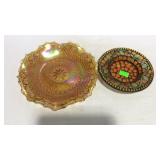 Amber irridescent 10" dish, and mosaic glass bowl
