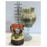 Horse figural music box & decorated pedestal vase