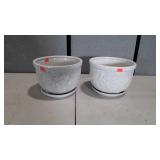 Pair of Ceramic Flower Planters with Drip Tray