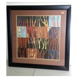 Framed and matted abstract print, red trees.