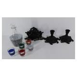 Decor group, cast iron candlesticks and napkin