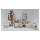 Bathroom and vanity decor, brass and glass